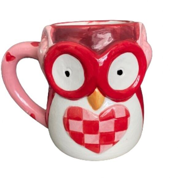 Owl Checkered Heart‎ White Red Pink Mug - Picture 1 of 4